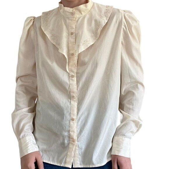 Vintage 80s Womens 100% Silk White Ruffle Collar Floral Light Academia Blouse - Picture 7 of 10
